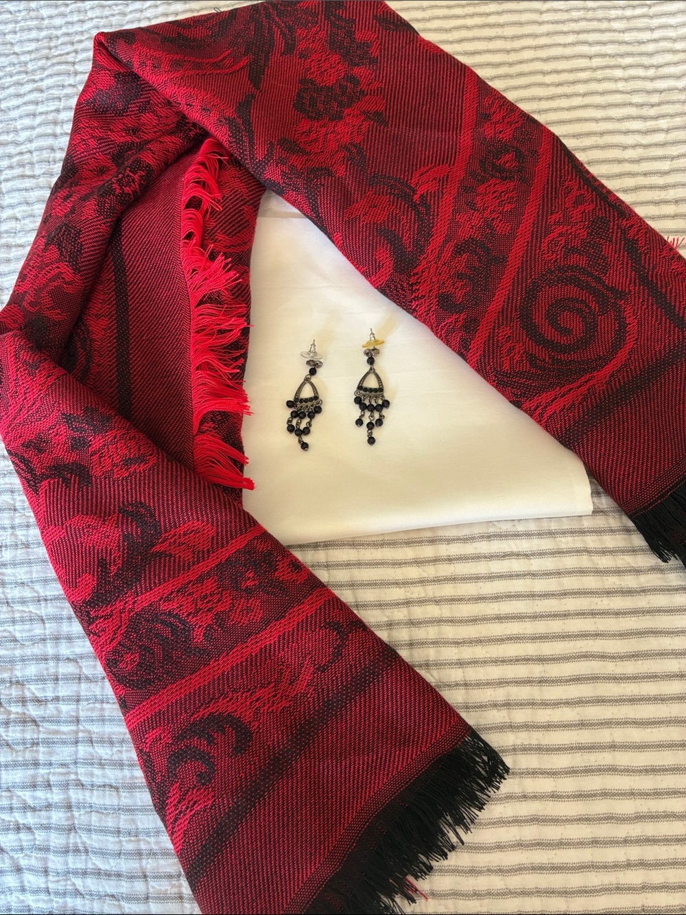2 For 1: Fringe Scarf/Wrap PLUS Beaded Drop Earrings/Women’s Accessories
